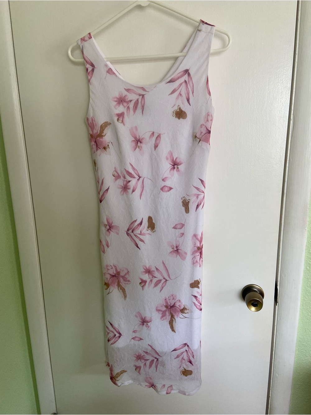 Reitmans White Midi Dress with Pink Floral and Tan Accents